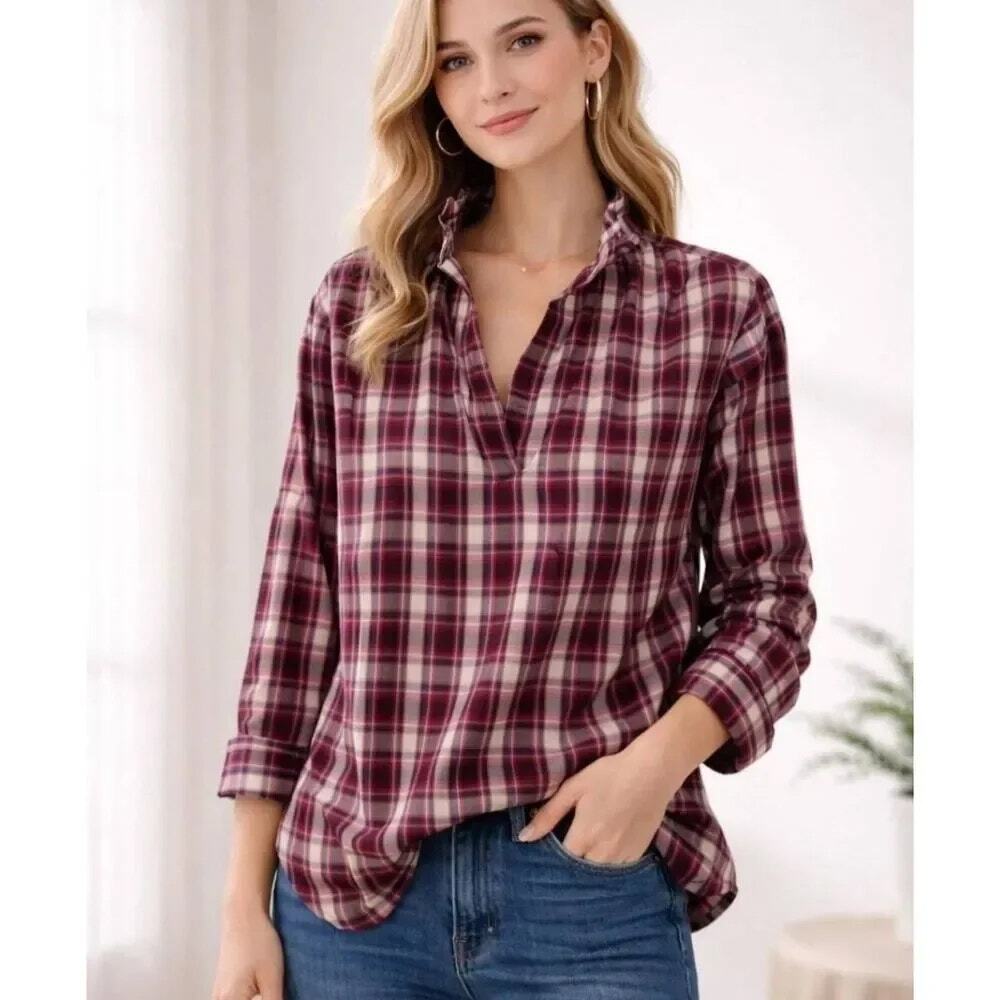 A Shirt Thing Penelope Ruffle Collar Shirt Berry Plaid 100% Cotton SZ S